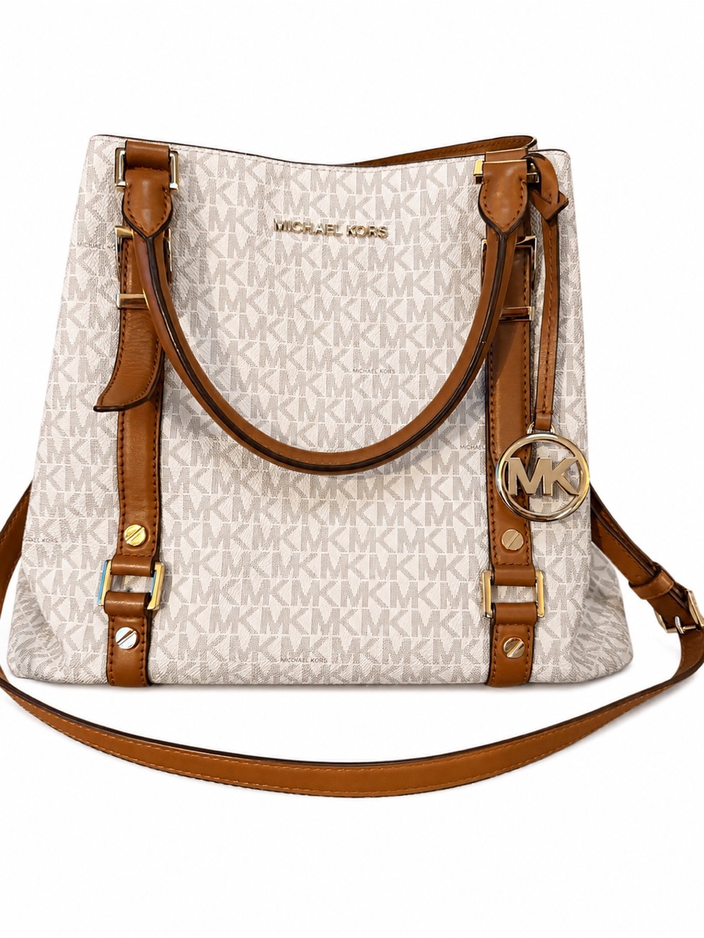 Michael Kors Ivory Logo Shoulder Bag with Brown Trim and Gold Hardware